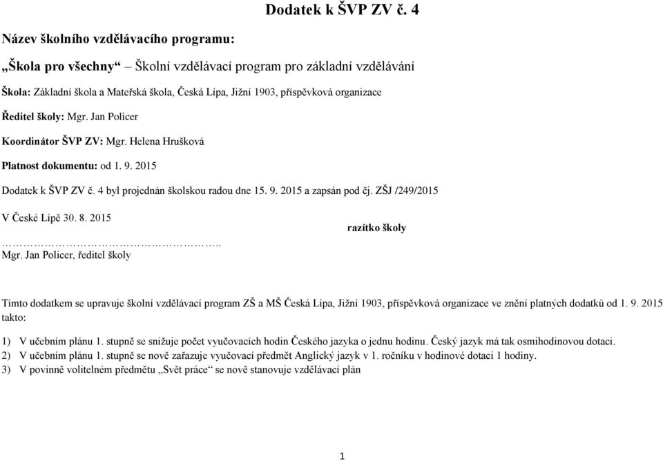 Ředitel školy: Mgr. Jan Policer Koordinátor ŠVP ZV: Mgr. Helena Hrušková Platnost dokumentu: od 1. 9. 2015  4 byl projednán školskou radou dne 15. 9. 2015 a zapsán pod čj.