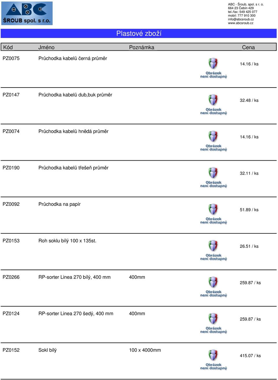 11 / ks PZ0092 Průchodka na papír 51.89 / ks PZ0153 Roh soklu bílý 100 x 135st. 26.