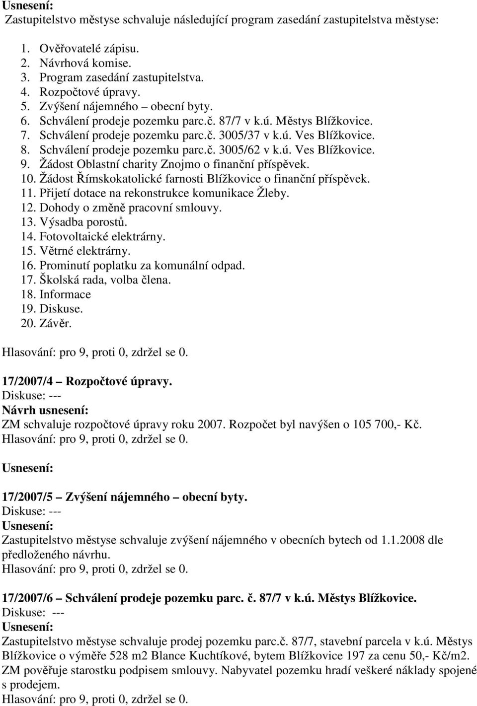 ú. Ves Blížkovice. 9. Žádost Oblastní charity Znojmo o finanční příspěvek. 10. Žádost Římskokatolické farnosti Blížkovice o finanční příspěvek. 11. Přijetí dotace na rekonstrukce komunikace Žleby. 12.