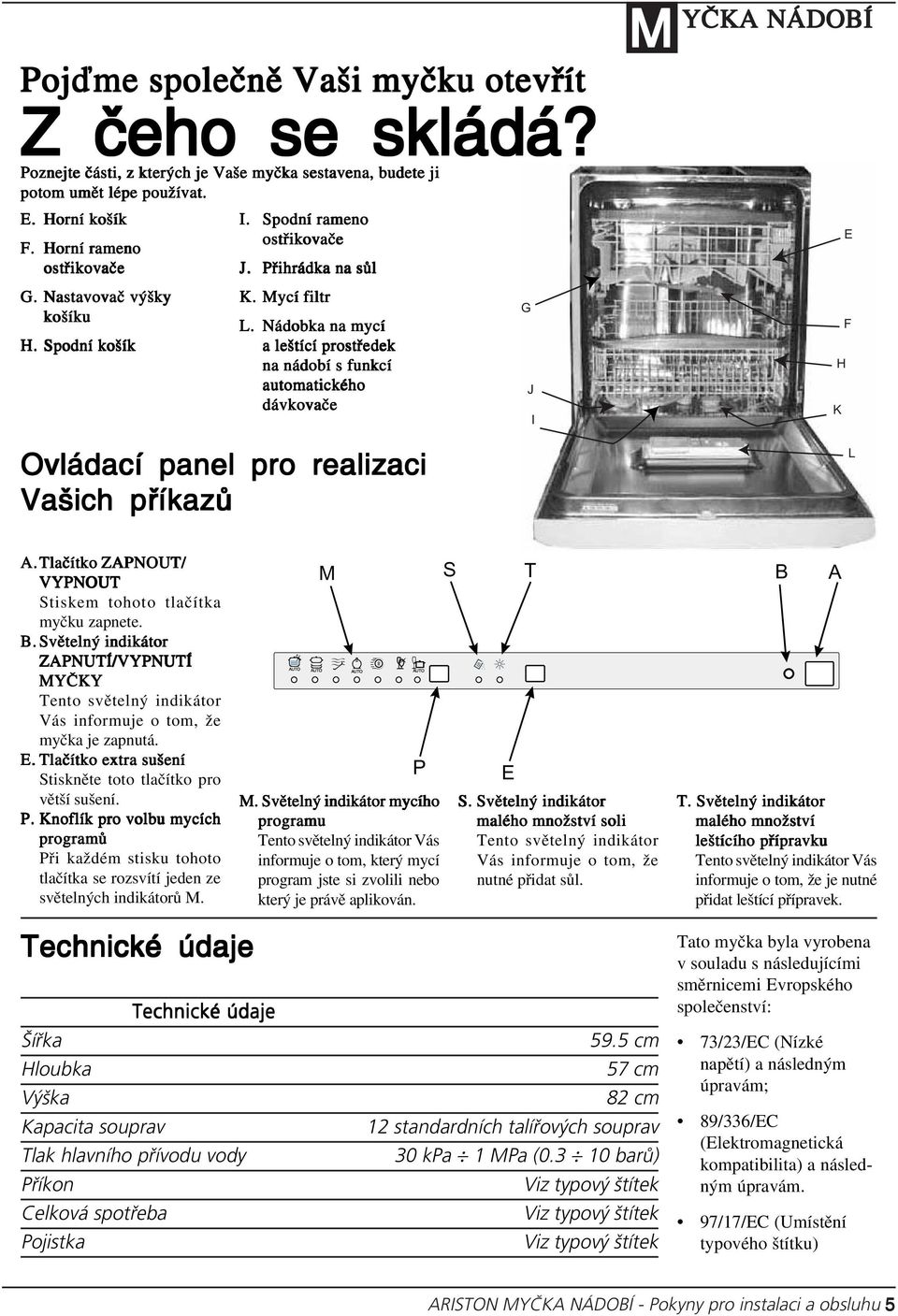 Nádobka na mycí a leštící prostředek na nádobí s funkcí automatického dávkovače Ovládací panel pro realizaci Vašich příkazů G J I M E F H K L A.