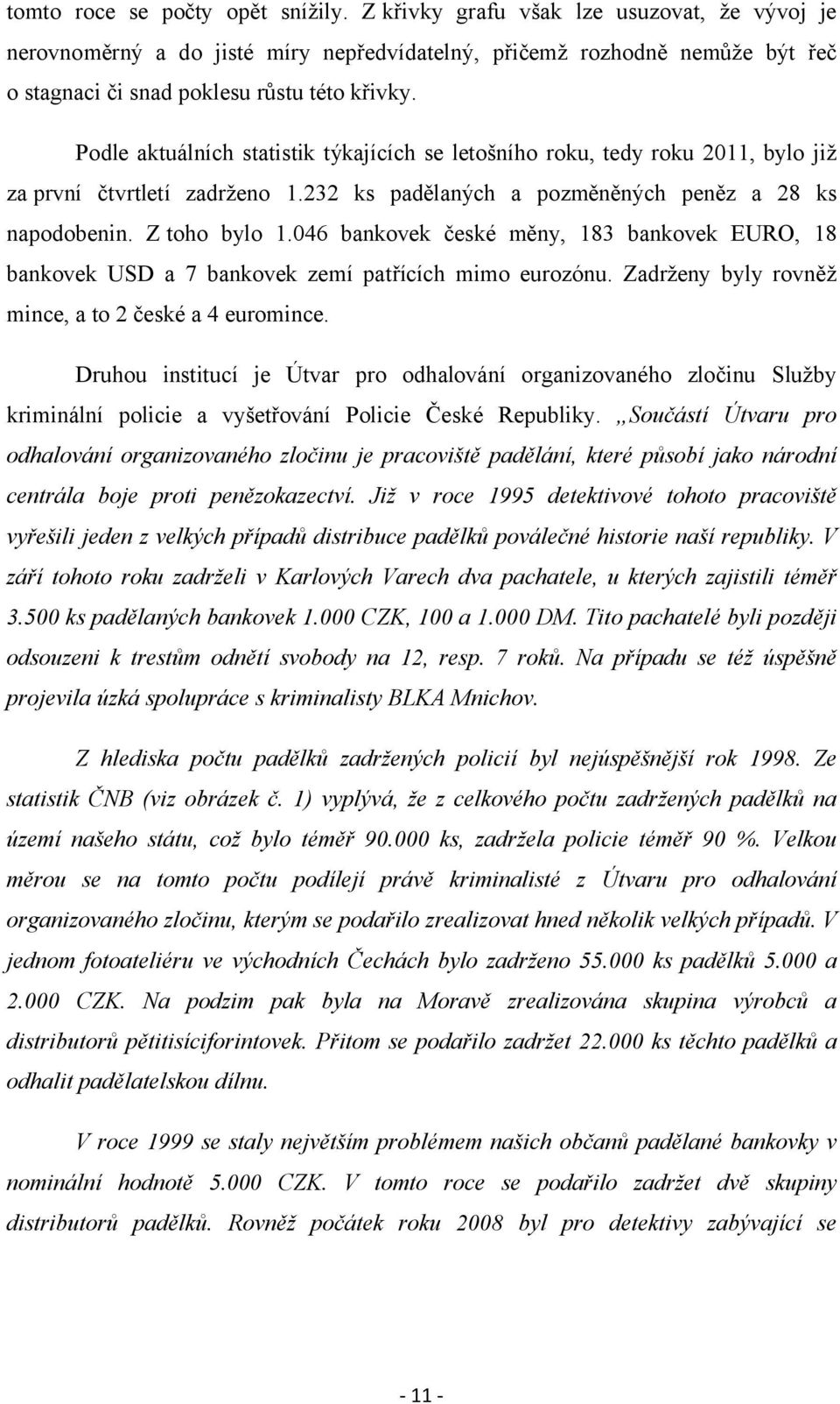 Podle aktuálních statistik týkajících se letošního roku, tedy roku 2011, bylo již za první čtvrtletí zadrženo 1.232 ks padělaných a pozměněných peněz a 28 ks napodobenin. Z toho bylo 1.