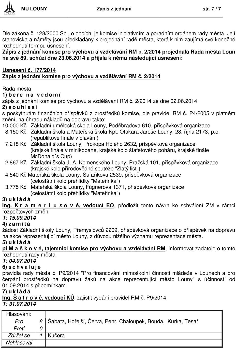 2/2014 projednala Rada města Loun na své 89. schůzi dne 23.06.2014 a přijala k němu následující usnesení: Usnesení č. 177/2014 Zápis z jednání komise pro výchovu a vzdělávání RM č.