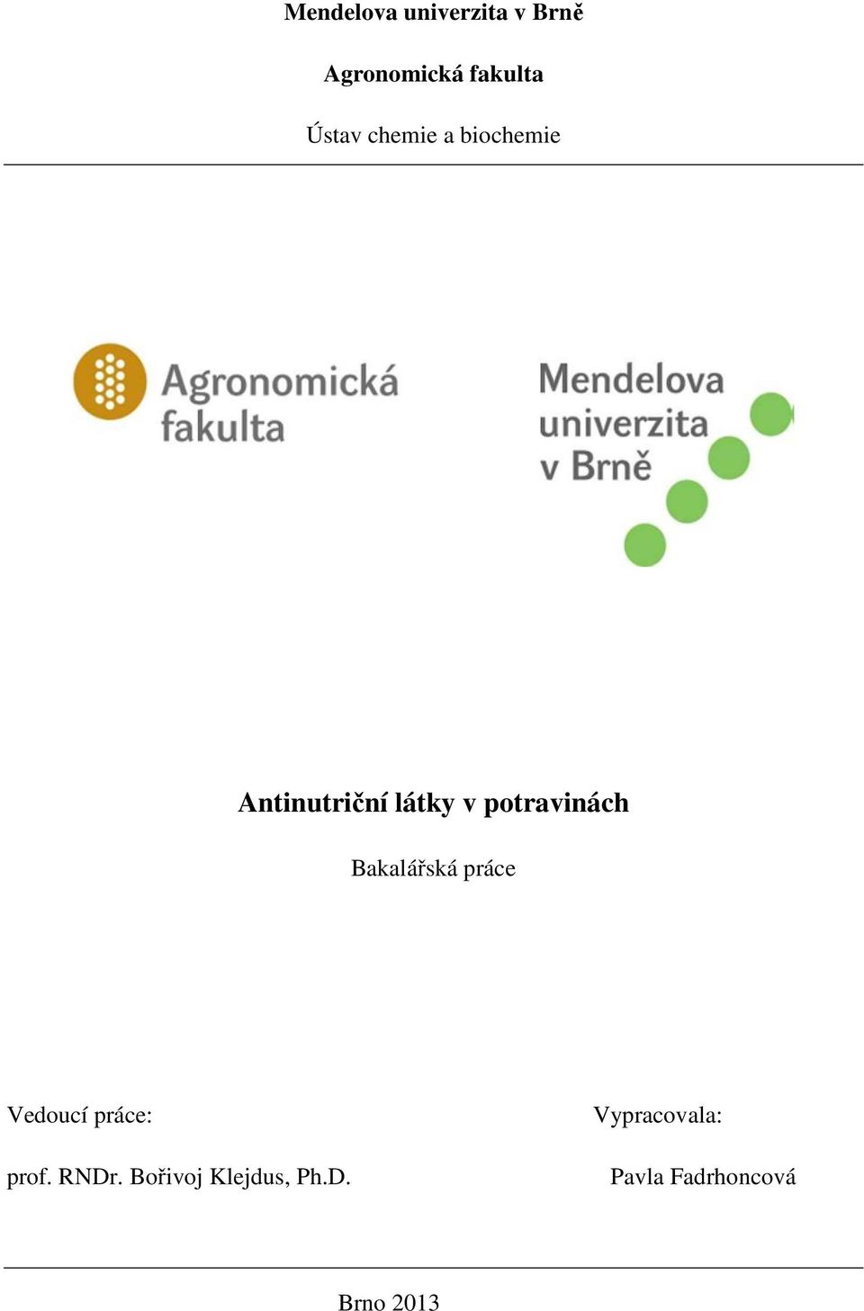 Bakalářská práce Vedoucí práce: prof. RNDr.