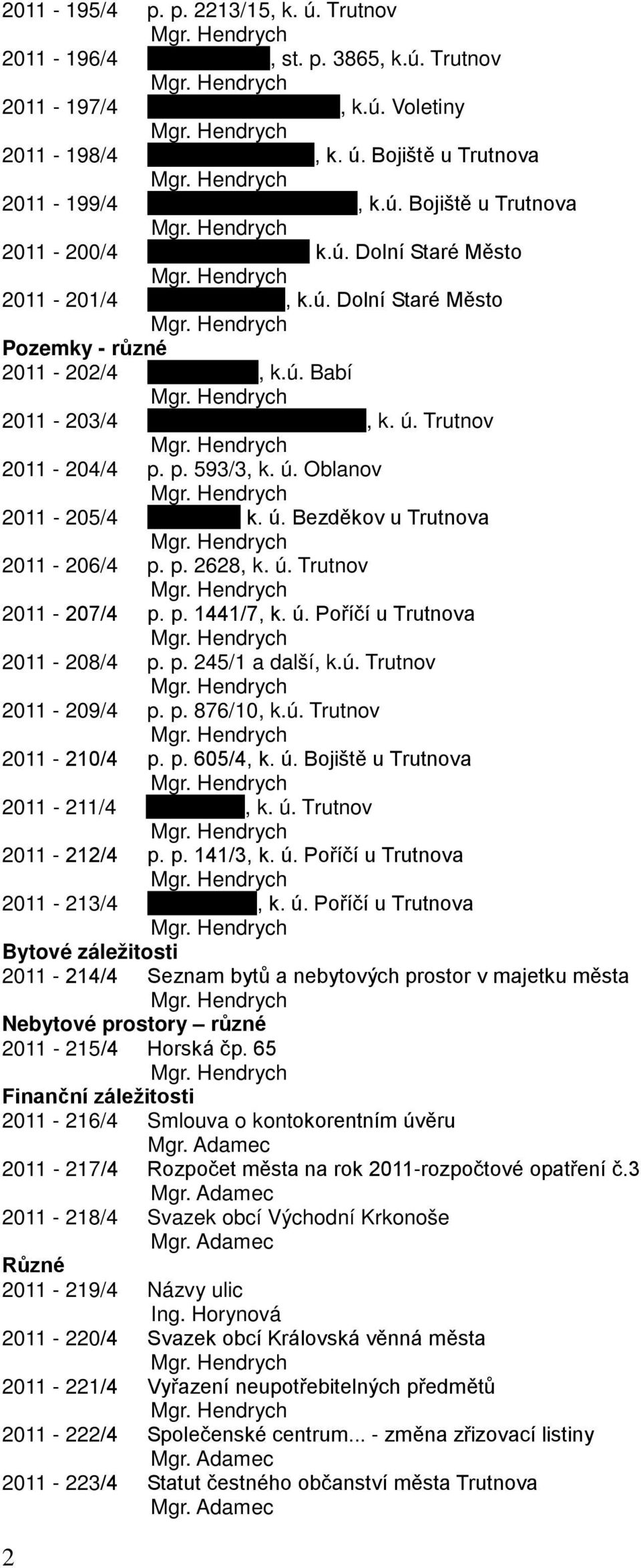 p. 1441/7, k. ú. Poříčí u Trutnova 2011-208/4 p. p. 245/1 a další, k.ú. Trutnov 2011-209/4 p. p. 876/10, k.ú. Trutnov 2011-210/4 p. p. 605/4, k. ú. Bojiště u Trutnova 2011-211/4, k. ú. Trutnov 2011-212/4 p.