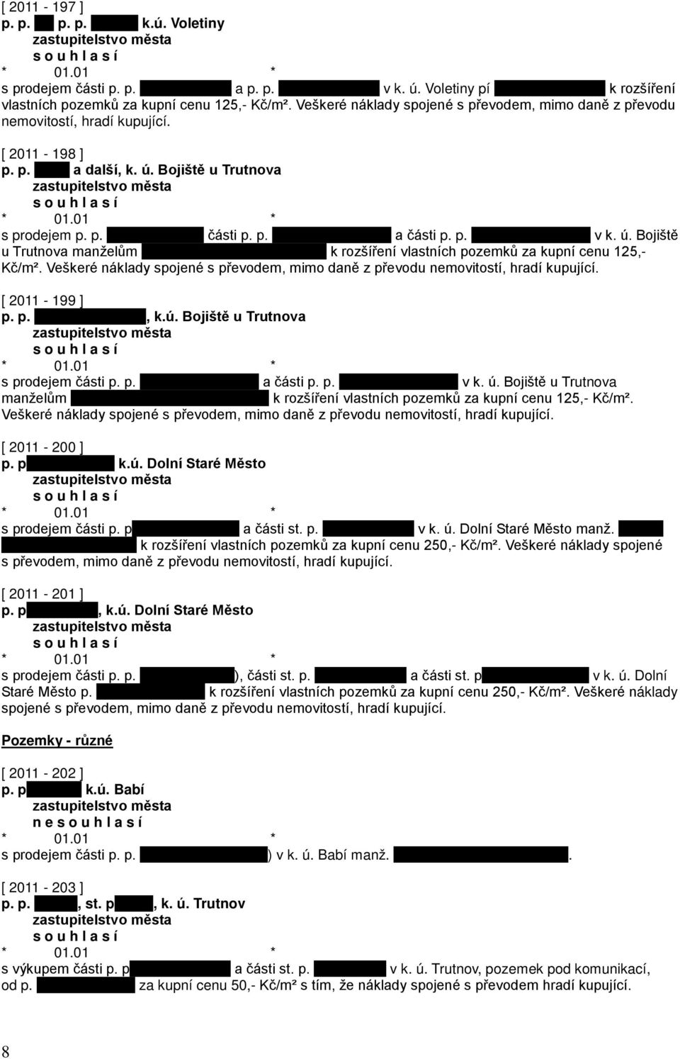Bojiště u Trutnova s prodejem p. p. části p. p. a části p. p. v k. ú. Bojiště u Trutnova manželům k rozšíření vlastních pozemků za kupní cenu 125,- Kč/m².