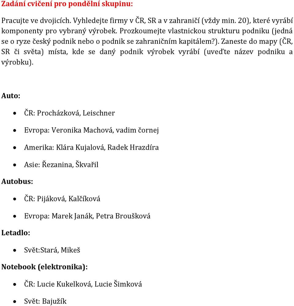 Zaneste do mapy (ČR, SR či světa) místa, kde se daný podnik výrobek vyrábí (uveďte název podniku a výrobku).