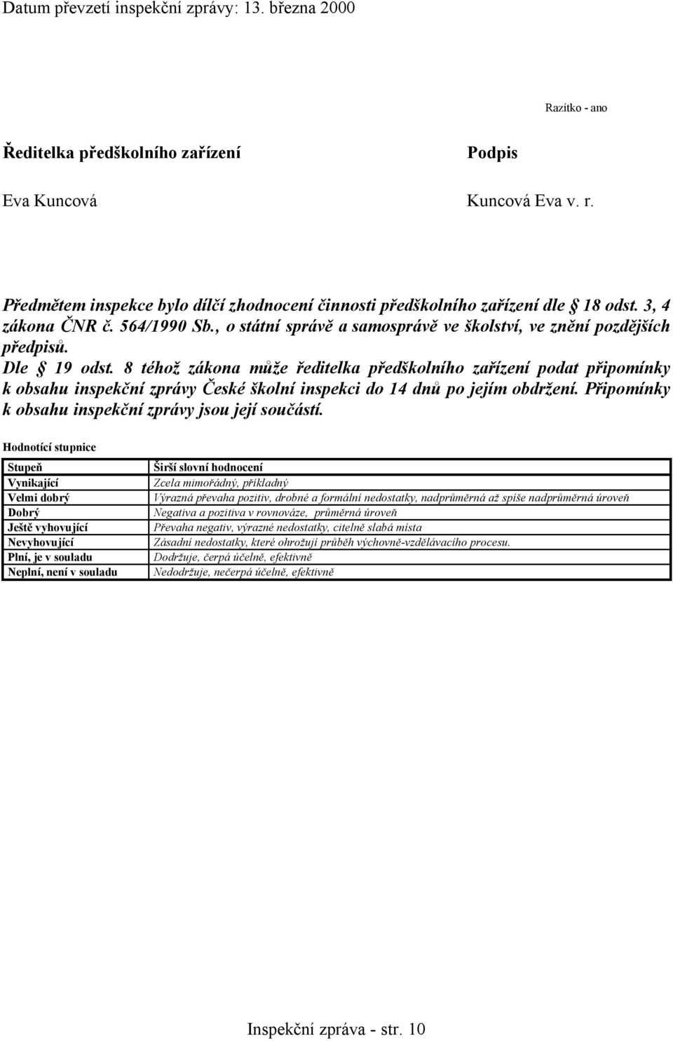 Dle 19 odst. 8 téhož zákona může ředitelka předškolního zařízení podat připomínky k obsahu inspekční zprávy České školní inspekci do 14 dnů po jejím obdržení.