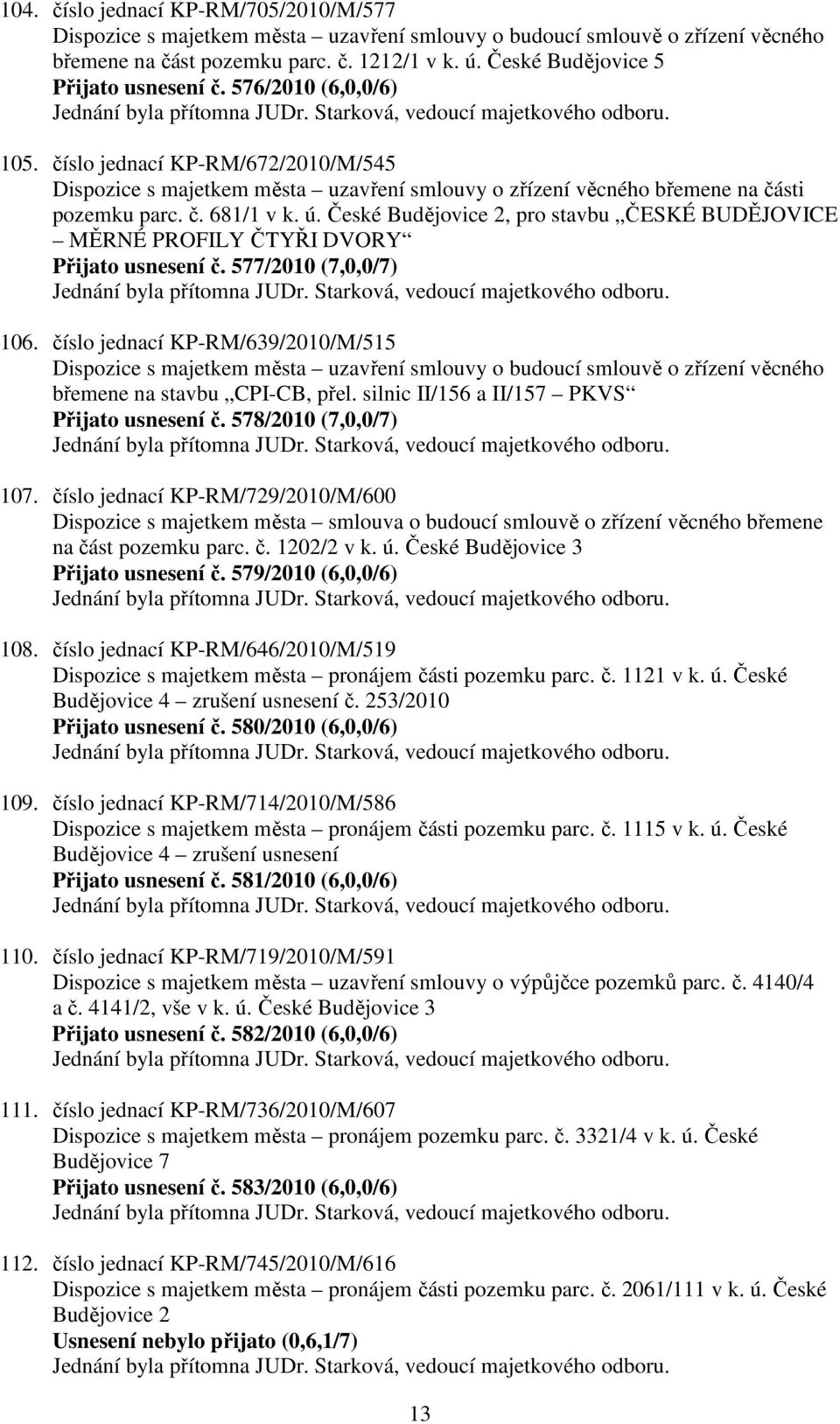 ú. České Budějovice 2, pro stavbu ČESKÉ BUDĚJOVICE MĚRNÉ PROFILY ČTYŘI DVORY Přijato usnesení č. 577/2010 (7,0,0/7) 106.