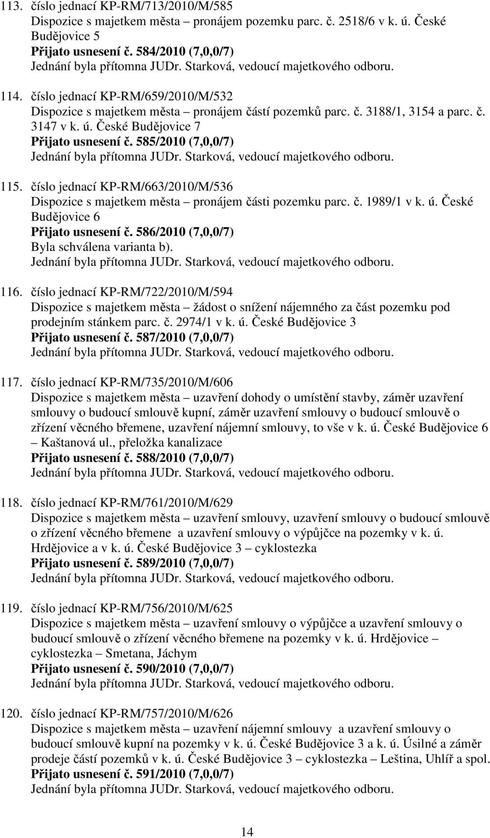 číslo jednací KP-RM/663/2010/M/536 Dispozice s majetkem města pronájem části pozemku parc. č. 1989/1 v k. ú. České Budějovice 6 Přijato usnesení č. 586/2010 (7,0,0/7) Byla schválena varianta b). 116.