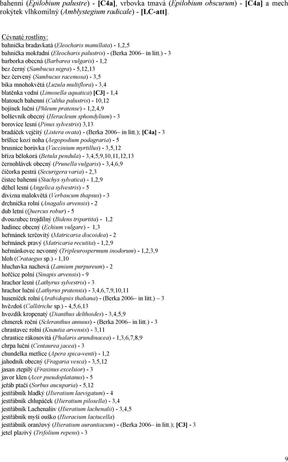 ) - 3 barborka obecná (Barbarea vulgaris) - 1,2 bez černý (Sambucus nigra) - 5,12,13 bez červený (Sambucus racemosa) - 3,5 bika mnohokvětá (Luzula multiflora) - 3,4 blatěnka vodní (Limosella