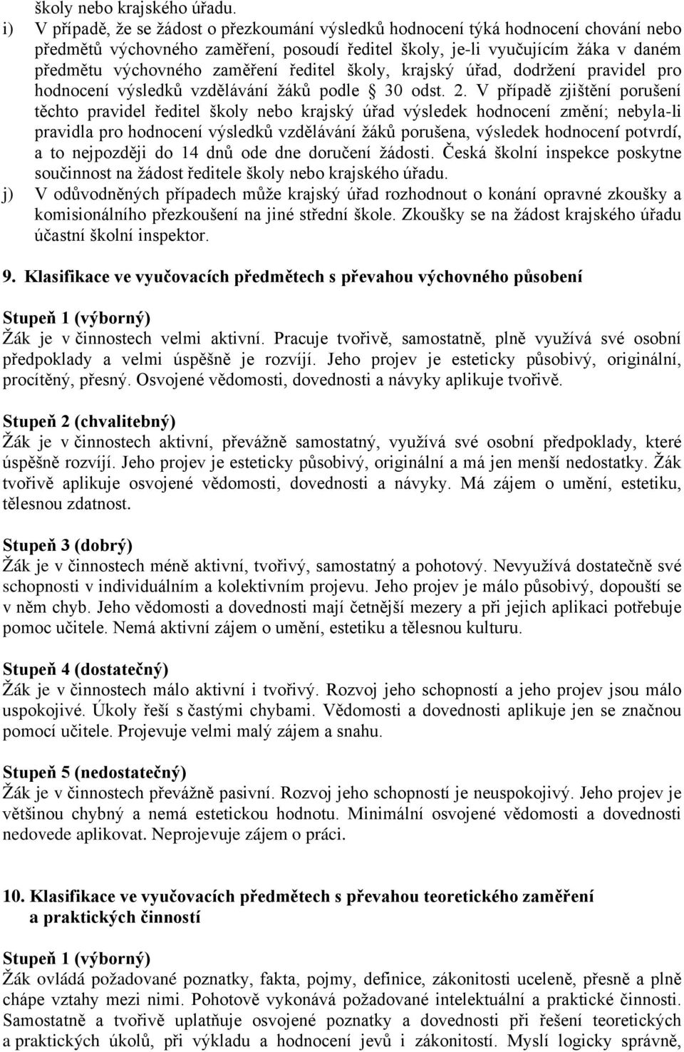 ředitel školy, krajský úřad, dodržení pravidel pro hodnocení výsledků vzdělávání žáků podle 30 odst. 2.