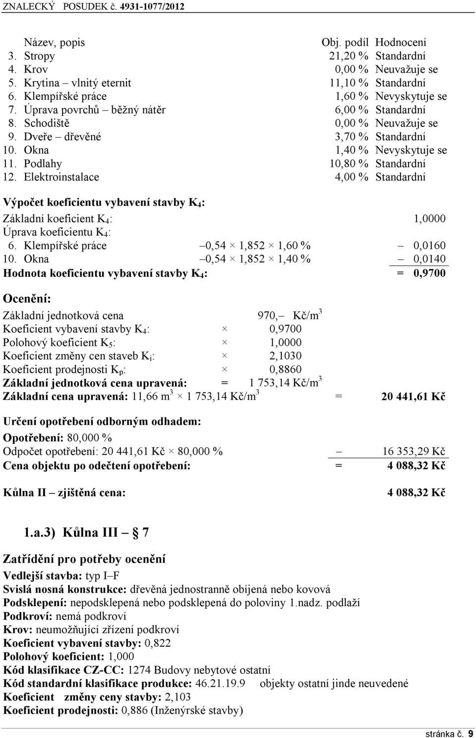 Elektroinstalace 4,00 % Standardní Výpočet koeficientu vybavení stavby K 4 : Základní koeficient K 4 : 1,0000 Úprava koeficientu K 4 : 6. Klempířské práce 0,54 1,Ř52 1,60 % 0,0160 10.