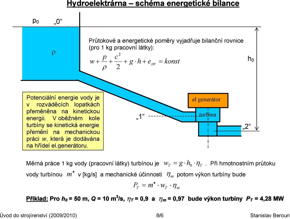 V oběžném kole turbíny se kinetická energie přemění na mechanickou práci w, která je dodávána na hřídel el.generátoru.