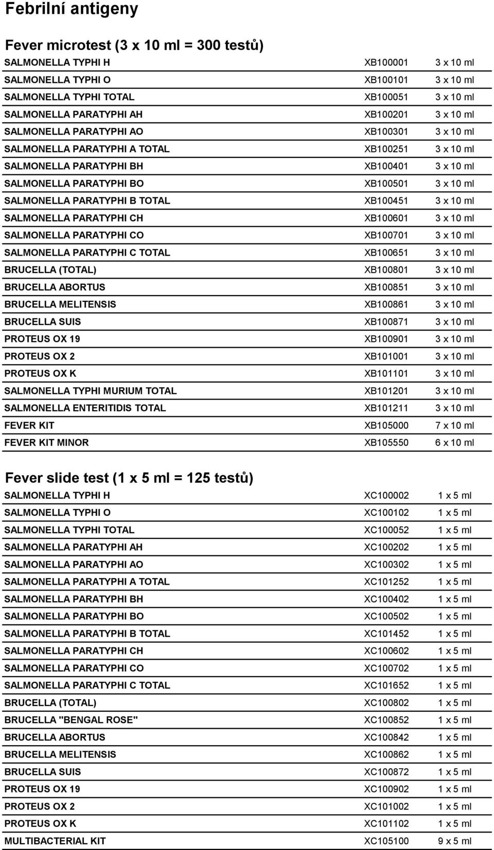 SALMONELLA PARATYPHI B TOTAL XB100451 3 x 10 ml SALMONELLA PARATYPHI CH XB100601 3 x 10 ml SALMONELLA PARATYPHI CO XB100701 3 x 10 ml SALMONELLA PARATYPHI C TOTAL XB100651 3 x 10 ml BRUCELLA (TOTAL)