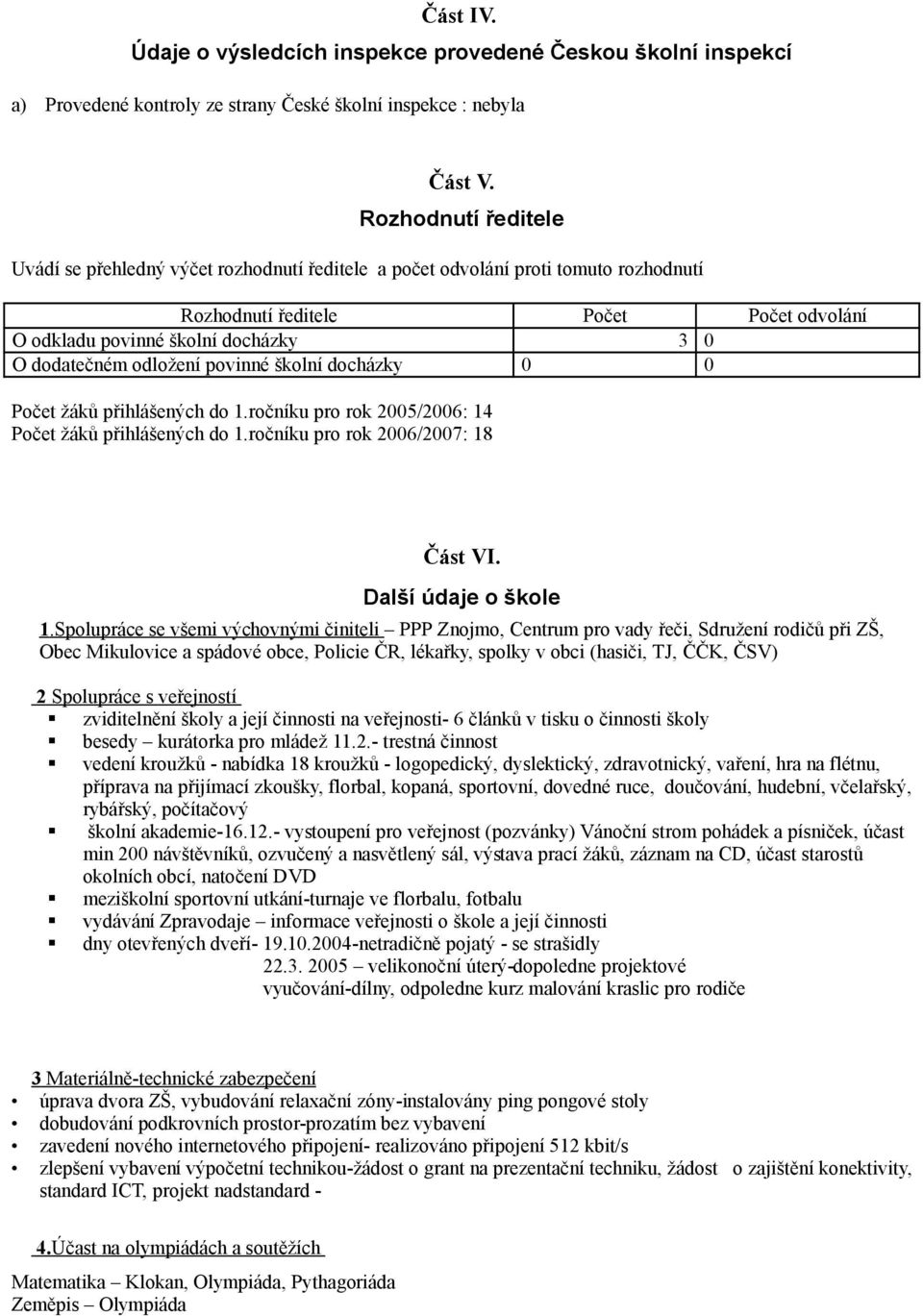 odložení povinné školní docházky Počet žáků přihlášených do 1.ročníku pro rok 2005/2006: 14 Počet žáků přihlášených do 1.ročníku pro rok 2006/2007: 18 Část VI. Další údaje o škole 1.