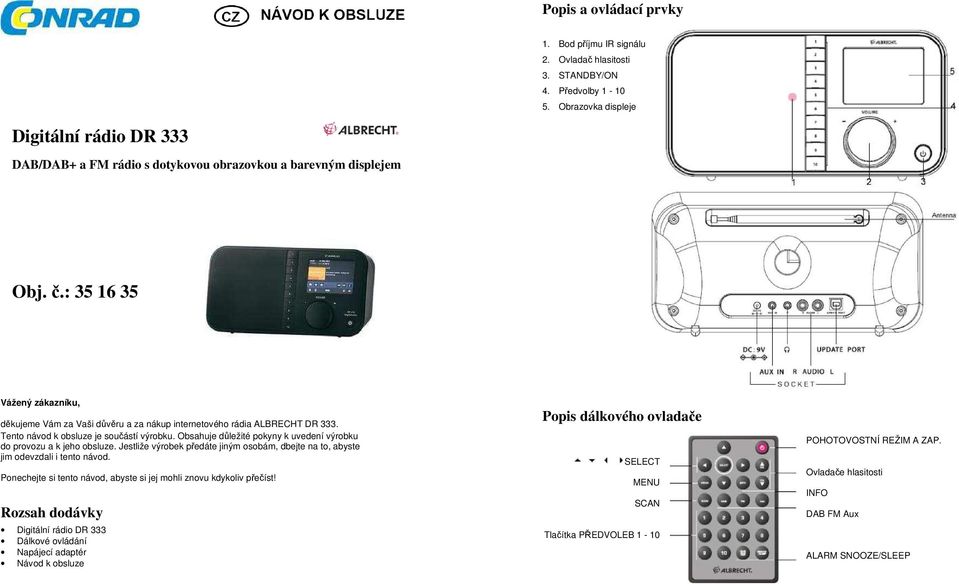 Digitální rádio DR 333. Obj. č.: Popis a ovládací prvky. Popis dálkového  ovladače. Rozsah dodávky - PDF Stažení zdarma