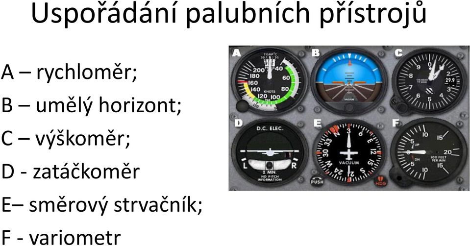 C výškoměr; D - zatáčkoměr E