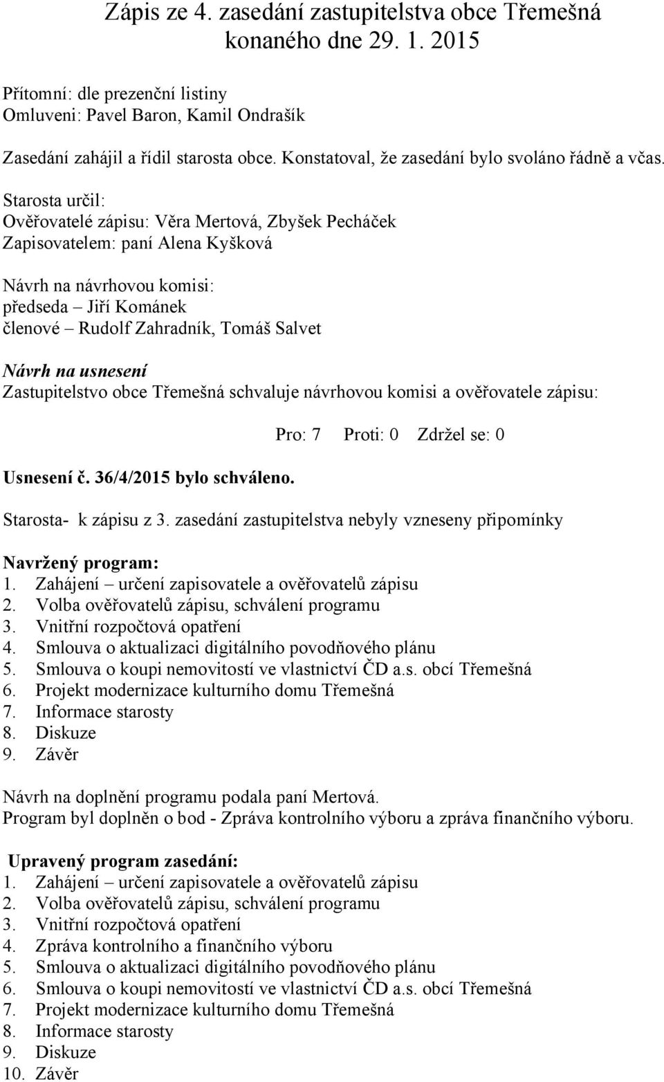 Starosta určil: Ověřovatelé zápisu: Věra Mertová, Zbyšek Pecháček Zapisovatelem: paní Alena Kyšková Návrh na návrhovou komisi: předseda Jiří Kománek členové Rudolf Zahradník, Tomáš Salvet Návrh na