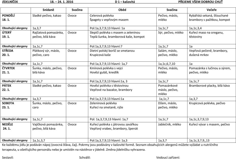 kompot Obsahující alergeny 1a,3,7 Pol:1a,3,7,9,13 hlavní: 1a 1a,1c,7 1a,1c,3,4 Rajčatová pomazánka, Slepičí polévka s masem a zeleninou Sýr,, Kuřecí maso na oreganu,, Teplá šunka, bramborová kaše,