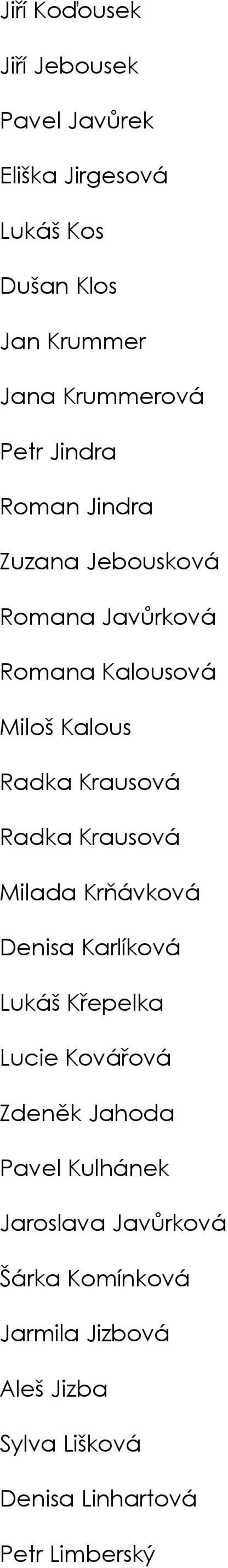 Radka Krausová Milada Krňávková Denisa Karlíková Lukáš Křepelka Lucie Kovářová Zdeněk Jahoda Pavel Kulhánek