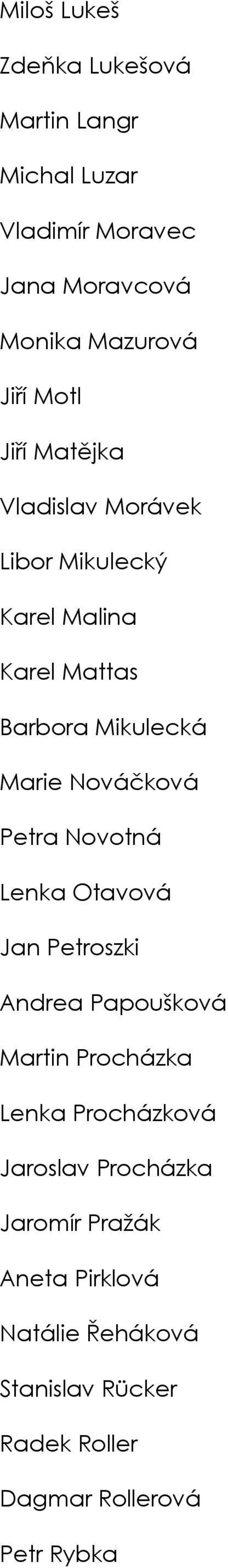 Nováčková Petra Novotná Lenka Otavová Jan Petroszki Andrea Papoušková Martin Procházka Lenka Procházková