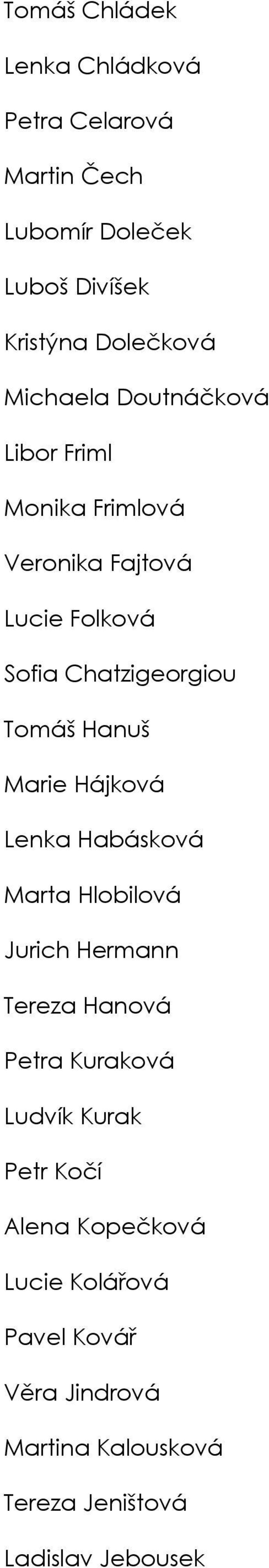 Hanuš Marie Hájková Lenka Habásková Marta Hlobilová Jurich Hermann Tereza Hanová Petra Kuraková Ludvík Kurak