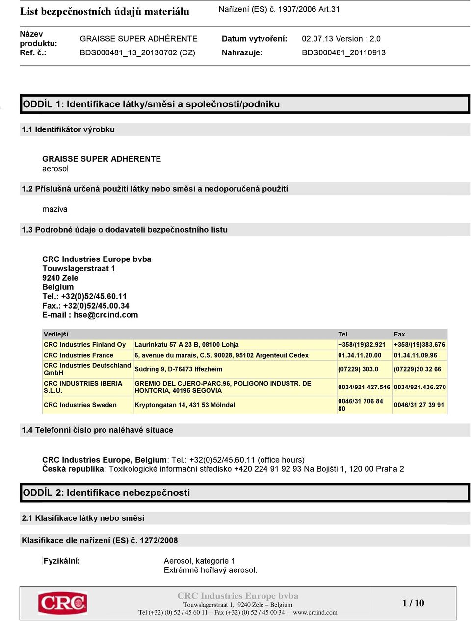 com Vedlejší Tel Fax CRC Industries Finland Oy Laurinkatu 57 A 23 B, 08100 Lohja +358/(19)32.921 +358/(19)383.676 CRC Industries France 6, avenue du marais, C.S. 90028, 95102 Argenteuil Cedex 01.34.