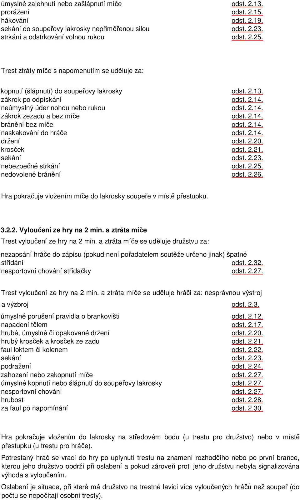 2.14. bránění bez míče odst. 2.14. naskakování do hráče odst. 2.14. držení odst. 2.20. krosček odst. 2.21. sekání odst. 2.23. nebezpečné strkání odst. 2.25. nedovolené bránění odst. 2.26.