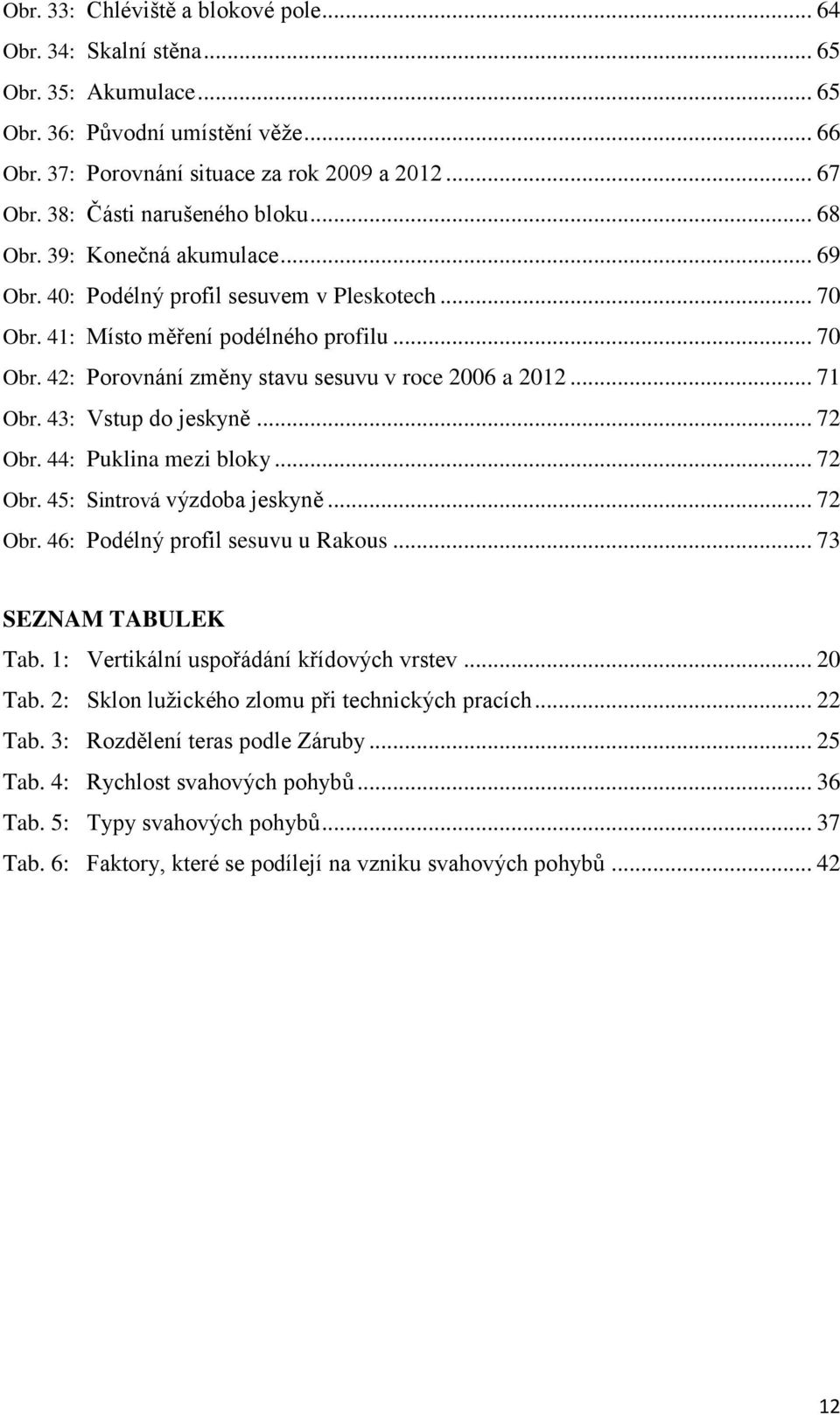 .. 71 Obr. 43: Vstup do jeskyně... 72 Obr. 44: Puklina mezi bloky... 72 Obr. 45: Sintrová výzdoba jeskyně... 72 Obr. 46: Podélný profil sesuvu u Rakous... 73 SEZNAM TABULEK Tab.