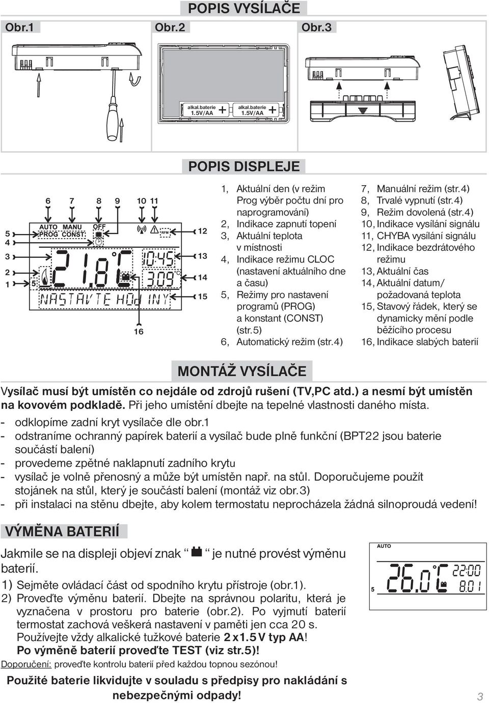 5V/AA POPIS DISPLEJE 5 4 3 2 1 6 7 8 9 10 11 16 12 13 14 15 1, Aktuální den (v režim Prog výběr počtu dní pro naprogramování) 2, Indikace zapnutí topení 3, Aktuální teplota v místnosti 4, Indikace