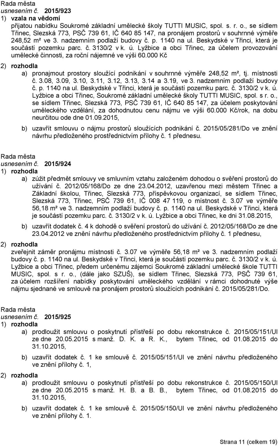 Beskydské v Třinci, která je součástí pozemku parc. č. 3130/2 v k. ú. Lyžbice a obci Třinec, za účelem provozování umělecké činnosti, za roční nájemné ve výši 60.