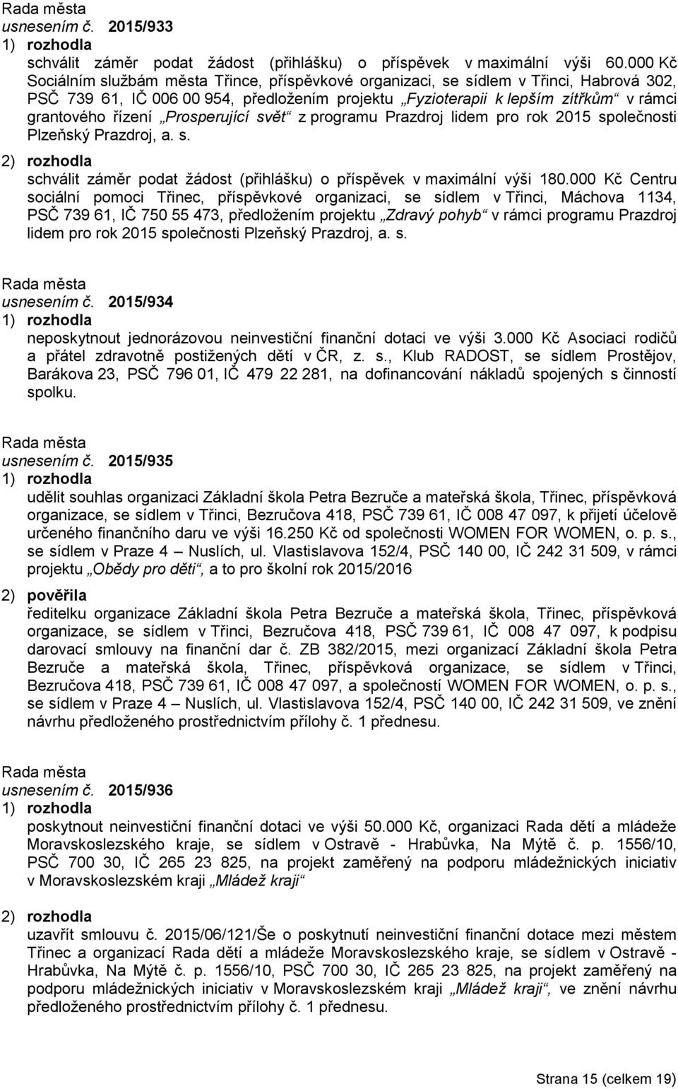 Prosperující svět z programu Prazdroj lidem pro rok 2015 společnosti Plzeňský Prazdroj, a. s. schválit záměr podat žádost (přihlášku) o příspěvek v maximální výši 180.