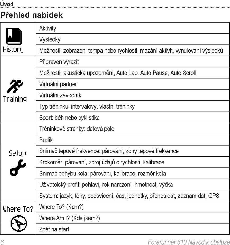 frekvence: párování, zóny tepové frekvence Krokoměr: párování, zdroj údajů o rychlosti, kalibrace Snímač pohybu kola: párování, kalibrace, rozměr kola Uživatelský profil: pohlaví, rok
