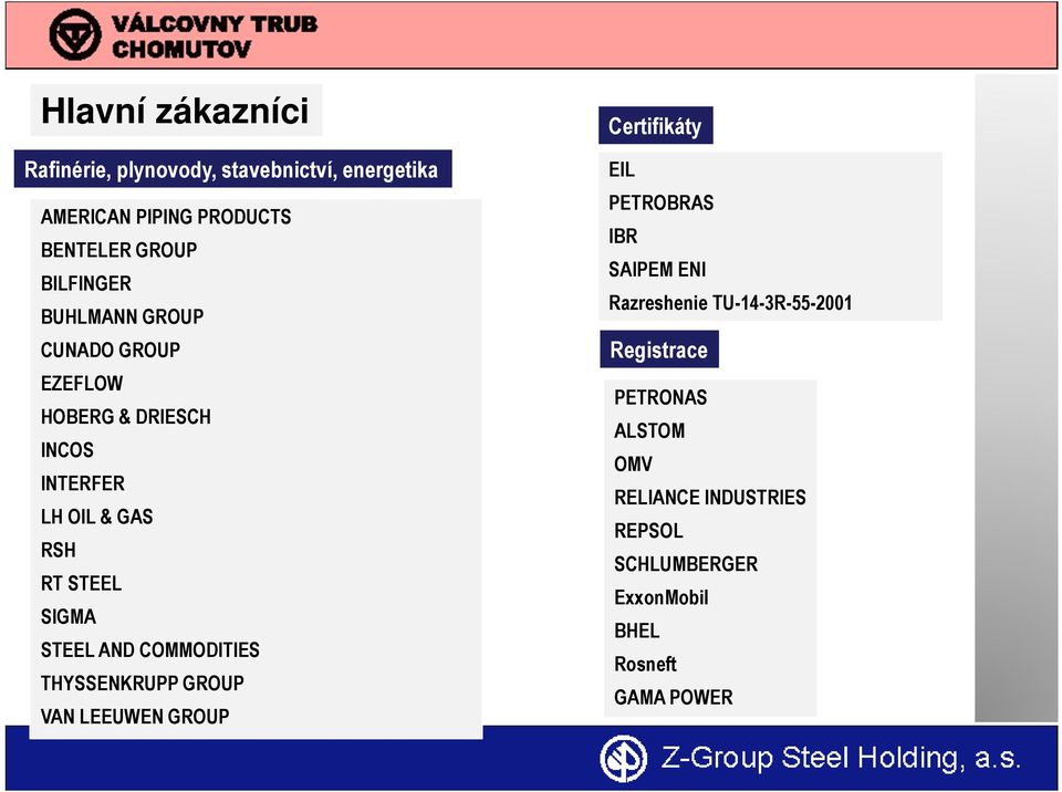 STEEL AND COMMODITIES THYSSENKRUPP GROUP VAN LEEUWEN GROUP Certifikáty EIL PETROBRAS IBR SAIPEM ENI Razreshenie