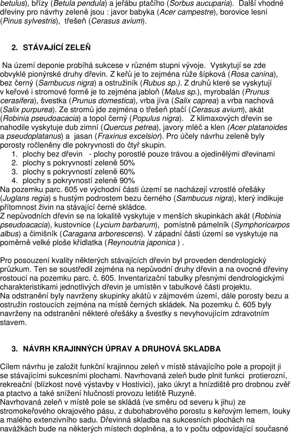 STÁVAJÍCÍ ZELEŇ Na území deponie probíhá sukcese v různém stupni vývoje. Vyskytují se zde obvyklé pionýrské druhy dřevin.