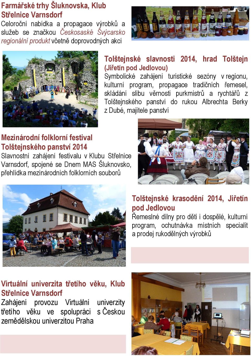 Tolštejnského panství do rukou Albrechta Berky z Dubé, majitele panství Mezinárodní folklorní festival Tolštejnského panství 2014 Slavnostní zahájení festivalu v Klubu Střelnice Varnsdorf, spojené se