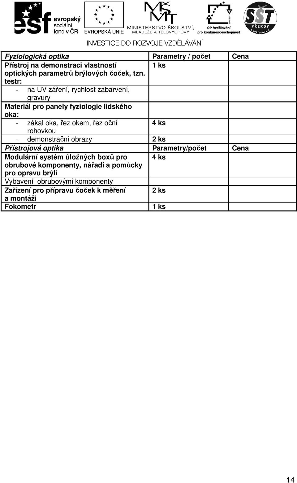 ks rohovkou - demonstrační obrazy 2 ks Přístrojová optika Parametry/počet Cena Modulární systém úložných boxů pro 4 ks obrubové
