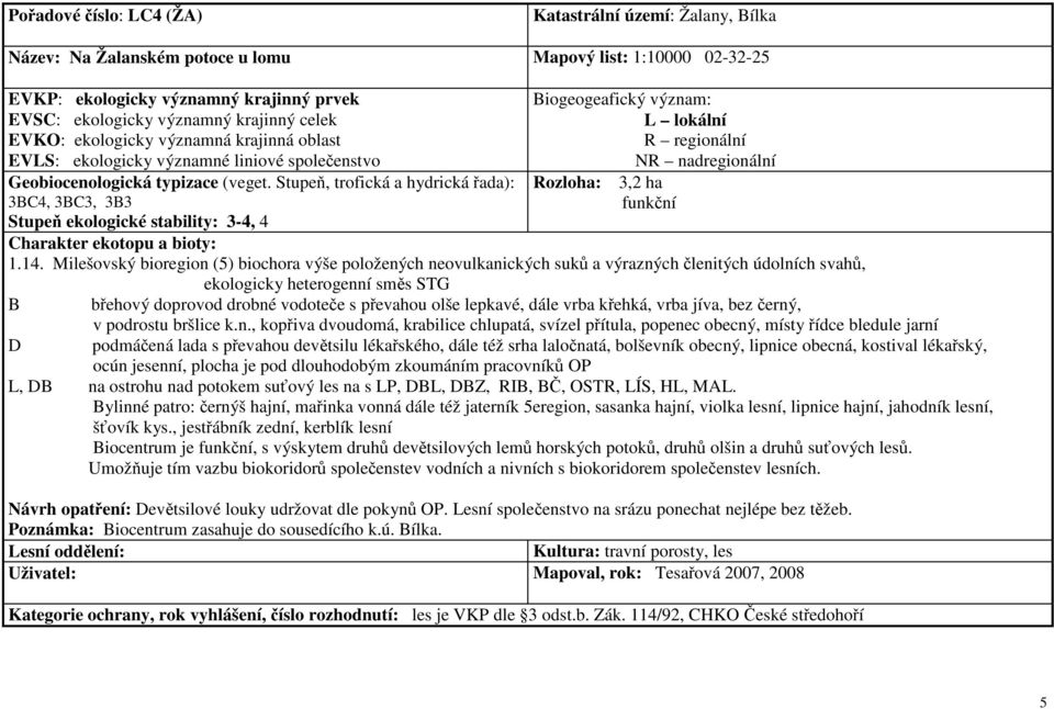 Milešovský bioregion (5) biochora výše položených neovulkanických suků a výrazných členitých údolních svahů, ekologicky heterogenní směs STG B břehový doprovod drobné vodoteče s převahou olše