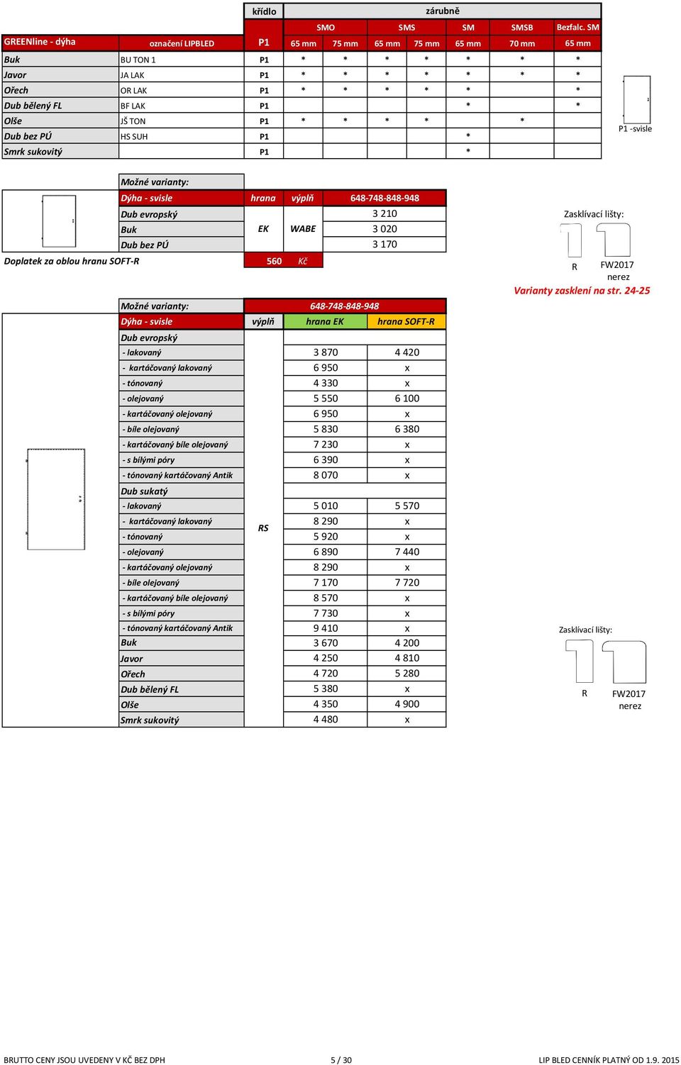 * Dub bez PÚ HS SUH P1 * Smrk sukovitý P1 * P1 -svisle Dýha - svisle hrana výplň 648-748-848-948 3210 Zasklívací lišty: Dub bez PÚ EK WABE 3020 3170 Doplatek za oblou hranu SOFT-R 560 Kč Dýha -