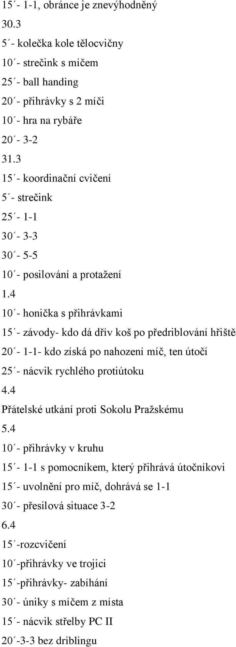 4 10 - honička s přihrávkami 15 - závody- kdo dá dřív koš po předriblování hřiště 20-1-1- kdo získá po nahození míč, ten útočí 25 - nácvik rychlého protiútoku 4.