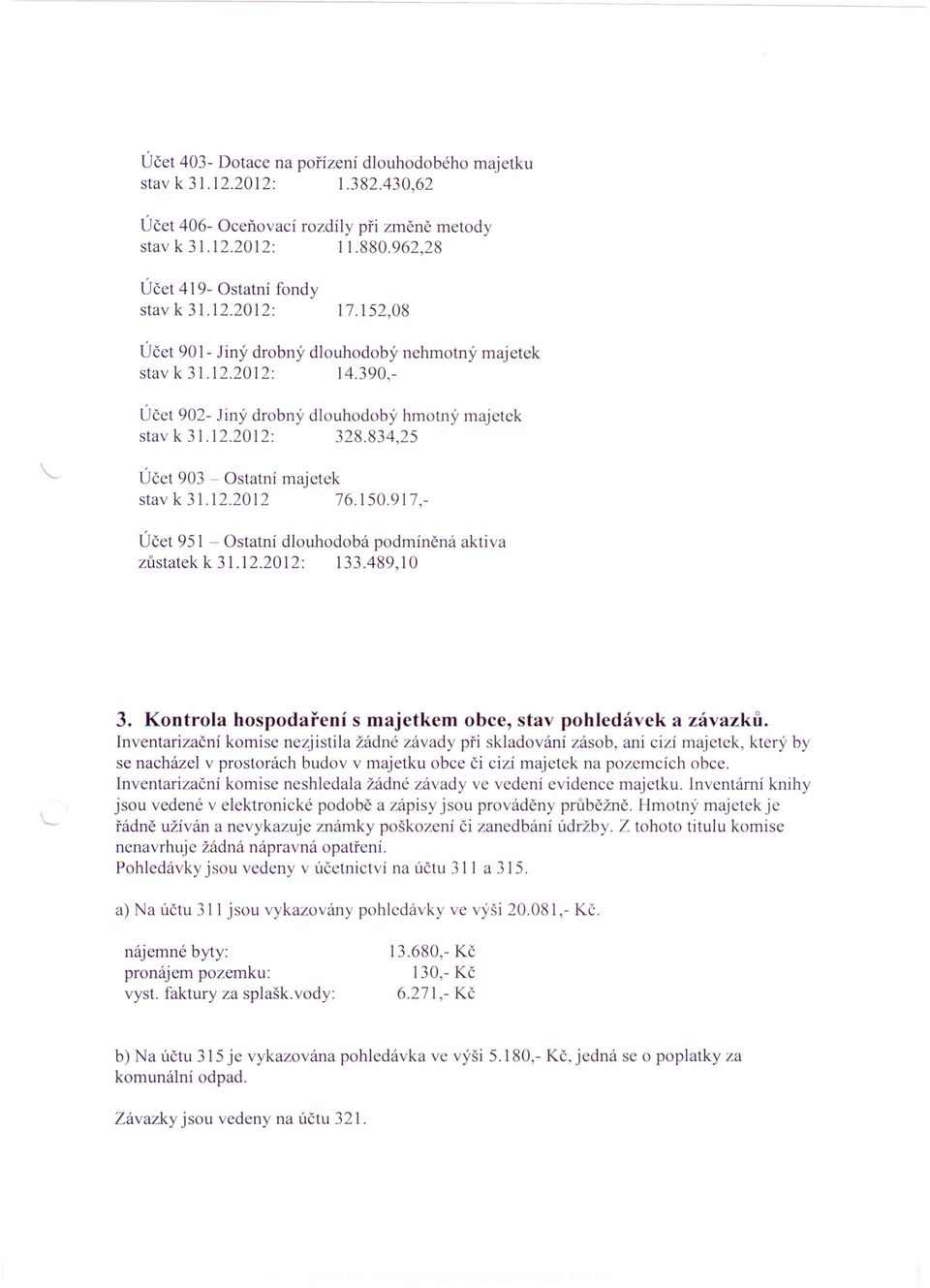 12.2012 76.150.917,- Účet 951 - Ostatní dlouhodobá podmíněná aktiva zůstatek k 31.12.2012: l33.489,10 3. Kontrola hospodaření s majetkem obce, stav pohledávek a závazků.