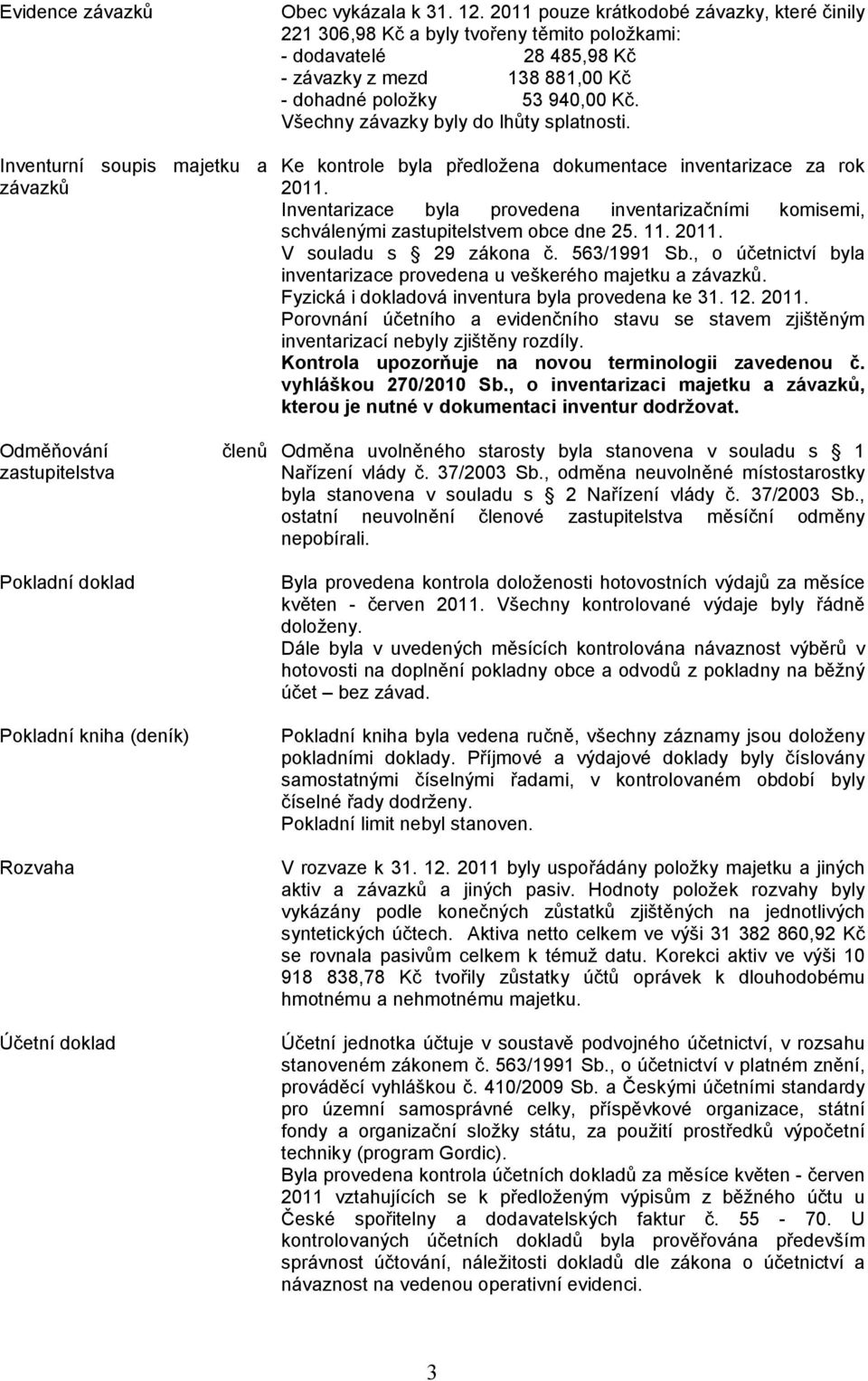 Všechny závazky byly do lhůty splatnosti. Ke kontrole byla předložena dokumentace inventarizace za rok 2011.