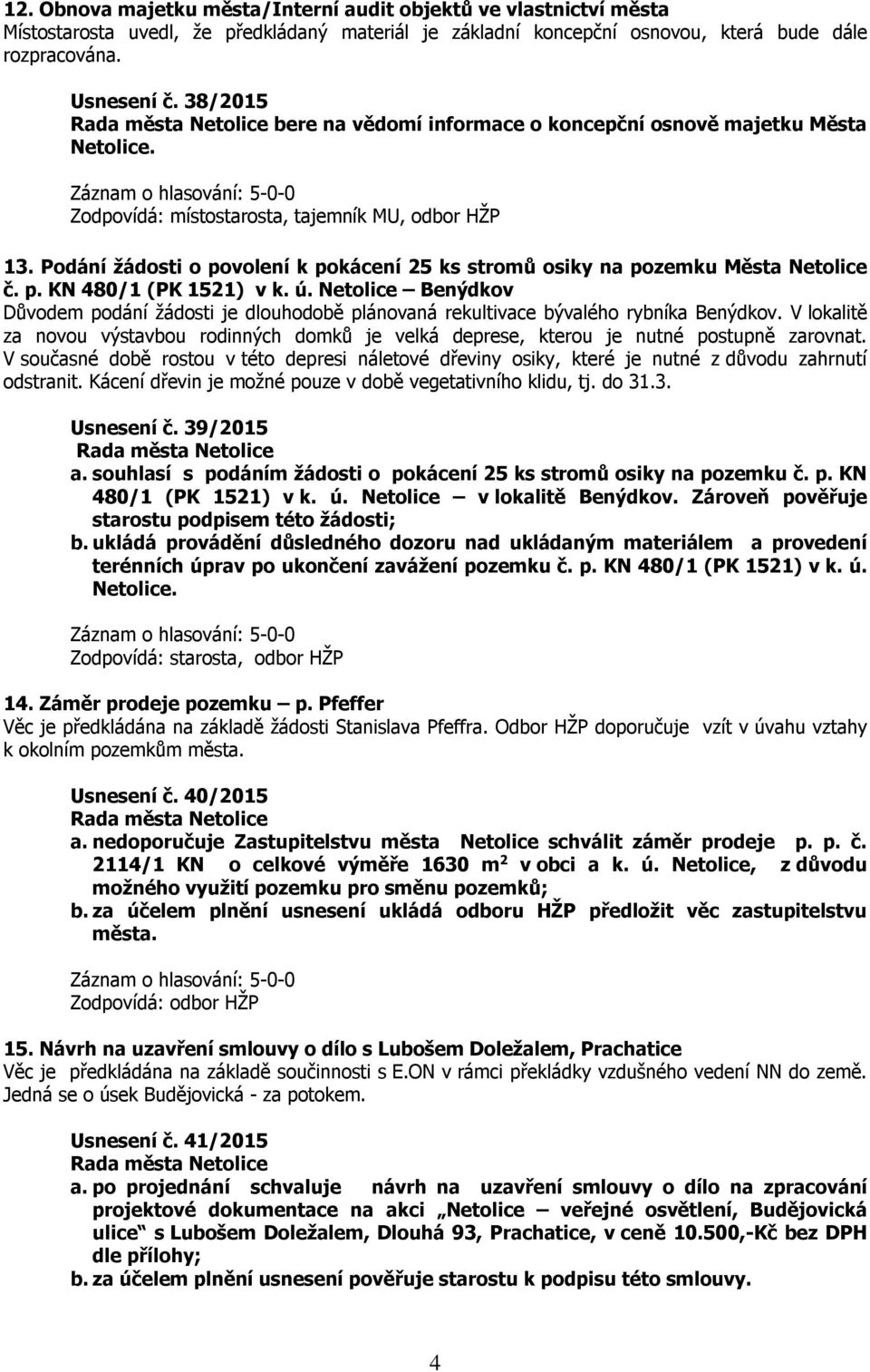 Podání žádosti o povolení k pokácení 25 ks stromů osiky na pozemku Města Netolice č. p. KN 480/1 (PK 1521) v k. ú.