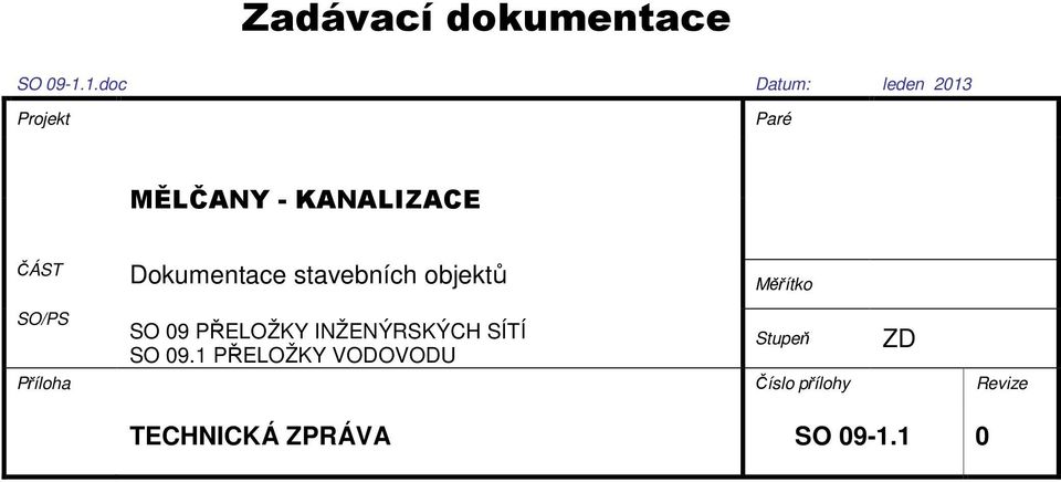 Dokumentace stavebních objektů Měřítko SO/PS SO 09 PŘELOŽKY