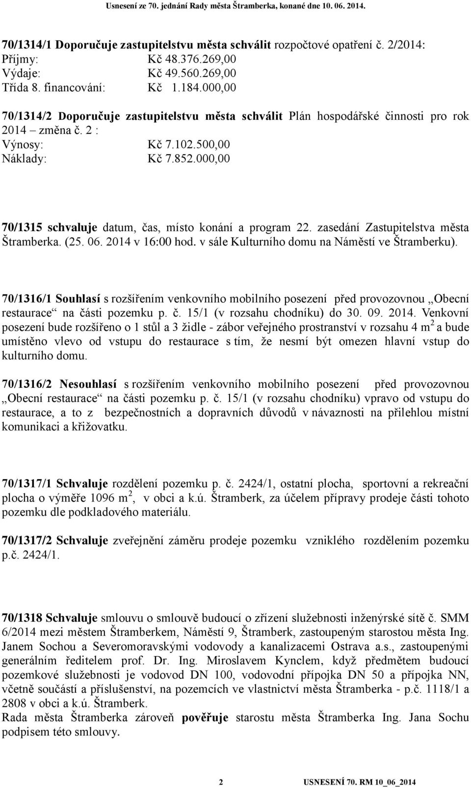 000,00 70/1315 schvaluje datum, čas, místo konání a program 22. zasedání Zastupitelstva města Štramberka. (25. 06. 2014 v 16:00 hod. v sále Kulturního domu na Náměstí ve Štramberku).