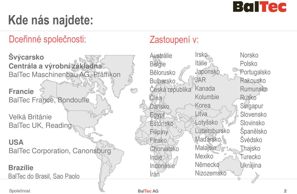 Reading USA BalTec Corporation, Canonsburg Brazílie BalTec do Brasil, Sao Paolo BalTec AG Irsko Itálie Japonsko JAR Kanada Kolumbie Korea Litva Lotyšsko