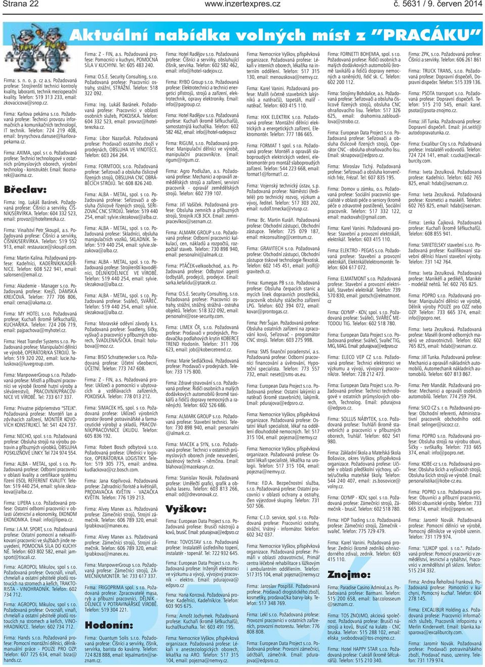 brynychovadanuse@karlovapekarnacz Firma: AXIMA, spol s r o Požadovaná profese: Technici technologové v ostatních průmyslových oborech, výrobní technolog - konstruktér Email: tkoznarek@aximacz