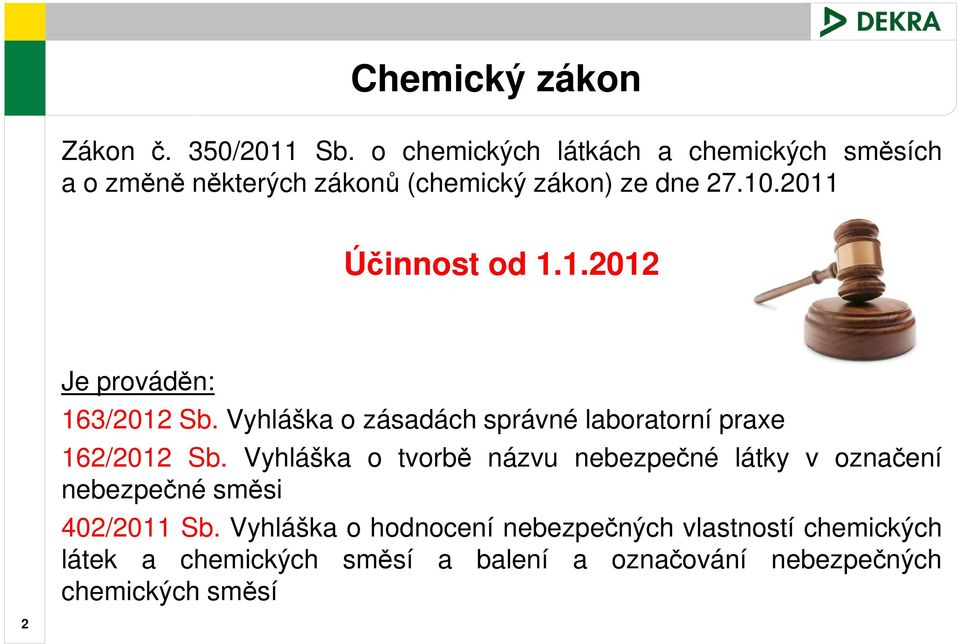 2011 Účinnost od 1.1.2012 Je prováděn: 163/2012 Sb. Vyhláška o zásadách správné laboratorní praxe 162/2012 Sb.