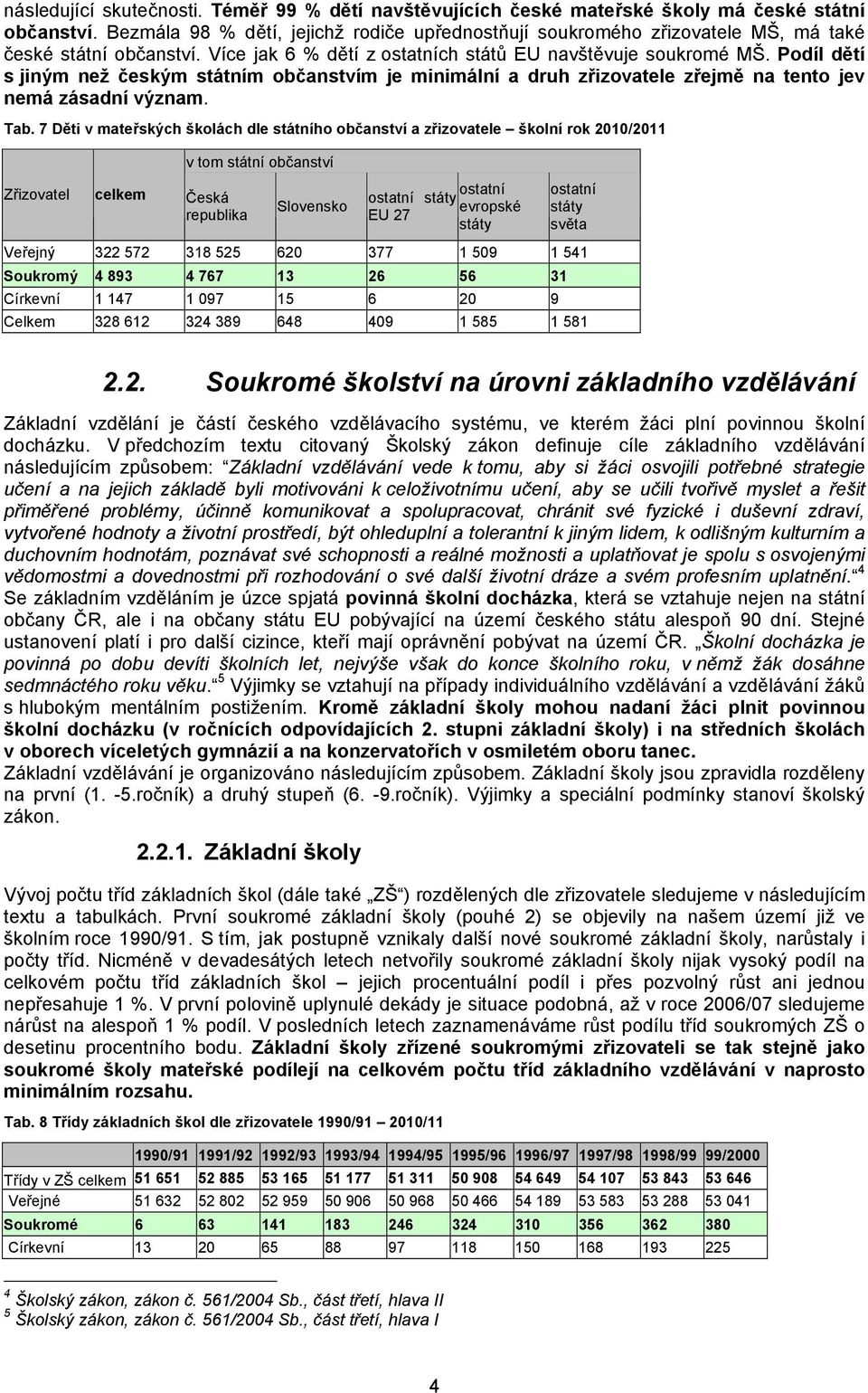 Podíl dětí s jiným než českým státním občanstvím je minimální a druh zřizovatele zřejmě na tento jev nemá zásadní význam. Tab.