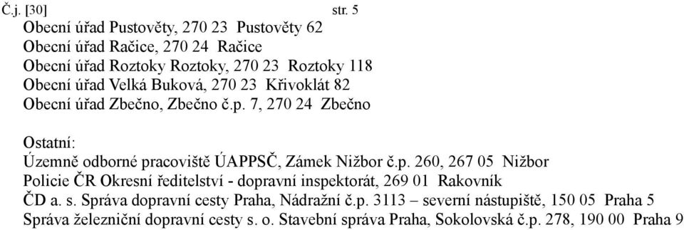 Buková, 270 23 Křivoklát 82 Obecní úřad Zbečno, Zbečno č.p.